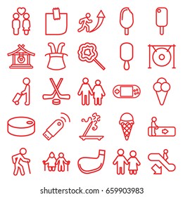 Stick icons set. set of 25 stick outline icons such as man with luggage, escalator, escalator down, gong, lollipop, couple, portable console, glued note, ice cream, usb signal