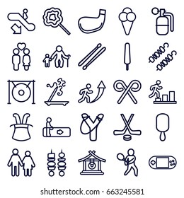 Stick icons set. set of 25 stick outline icons such as escalator, escalator down, gong, lollipop, couple, portable console, candy cane, kebab, ice cream, dynamite