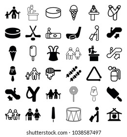Stick icons. set of 36 editable filled and outline stick icons such as honey, man with luggage, escalator up, escalator down, gong, magic hat, sligshot, old man with child