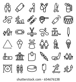 Stick icons set. set of 36 stick outline icons such as man with luggage, escalator, escalator up, escalator down, honey, gong, kebab, couple, portable console, drum