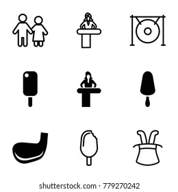 Stick icons. set of 9 editable filled and outline stick icons such as airport desk, ice cream, magic hat, couple