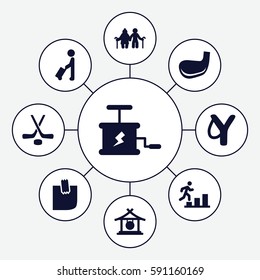 stick icons set. Set of 9 stick filled icons such as man with luggage, gong, glued note, hockey, golf stick, dynamite, man going up, sligshot