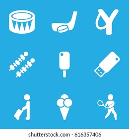 Stick Icons Set. Set Of 9 Stick Filled Icons Such As Man With Luggage, Drum, Ice Cream, Usb Drive, Kebab, Tennis Playing, Hockey Stick And Puck