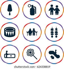 Stick Icons Set. Set Of 9 Stick Filled Icons Such As Escalator, Escalator Down, Ice Cream On Stick, Lollipop, Drum, Kebab, Dynamite, Couple