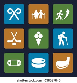 Stick icons set. set of 9 stick filled icons such as portable console, candy cane, ice cream, hockey, hockey puck, golf stick, man going up, old man