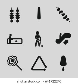 Stick icons set. set of 9 stick filled icons such as escalator, escalator up, ice cream on stick, kebab, lollipop, triangle musical instrument