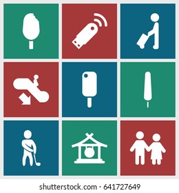 Stick icons set. set of 9 stick filled icons such as man with luggage, escalator down, gong, ice cream on stick, golf player, ice cream, usb signal