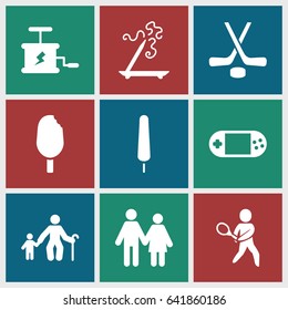 Stick icons set. set of 9 stick filled icons such as portable console, tennis playing, hockey, ice cream, dynamite, couple