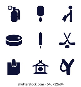 Stick icons set. set of 9 stick filled icons such as man with luggage, gong, ice cream on stick, glued note, hockey, hockey puck, dynamite