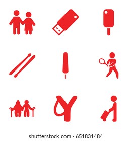 Stick icons set. set of 9 stick filled icons such as man with luggage, usb drive, tennis playing, sligshot, couple, ice cream