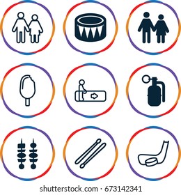 Stick icons set. set of 9 stick filled and outline icons such as drum, kebab, dynamite, escalator, ice cream
