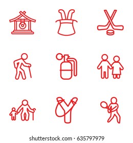 Stick icons set. set of 9 stick outline icons such as gong, dynamite, tennis playing, hockey, couple, old man, old man with child, magic hat