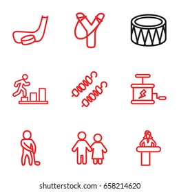Stick icons set. set of 9 stick outline icons such as airport desk, drum, kebab, dynamite, golf player, hockey stick and puck, man going up, couple
