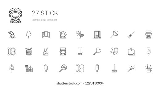stick icons set. Collection of stick with broom, popsicle, cotton swab, lollipop, campfire, magician, drum, drums, swing, shashlik, magic wand. Editable and scalable stick icons.