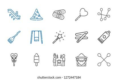 stick icons set. Collection of stick with cotton swab, wizard, friends, popsicle, lollipop, glue, magic wand, swing, broom, escalator. Editable and scalable stick icons.