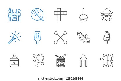 stick icons set. Collection of stick with cotton swab, usb, drums, glue, popsicle, escalator, magic wand, wizard, caramelized apple, hopscotch. Editable and scalable stick icons.