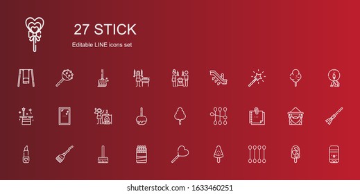 stick icons set. Collection of stick with cotton swab, popsicle, lollipop, sticks, broom, lipstick, sticky note, cotton candy, caramelized apple. Editable and scalable stick icons.