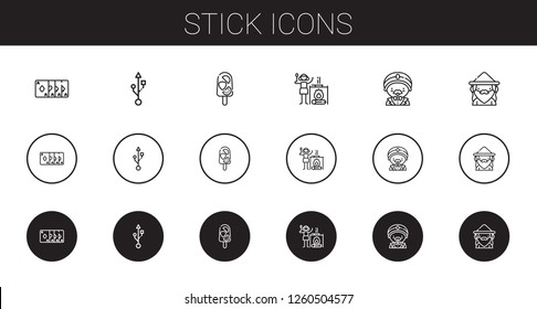 stick icons set. Collection of stick with magic trick, usb, popsicle, campfire, magician, wizard. Editable and scalable stick icons.