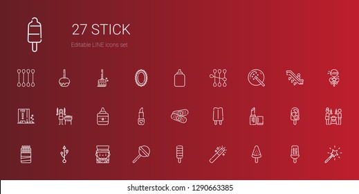 stick icons set. Collection of stick with popsicle, magic wand, lollipop, magician, usb, sticks, lipstick, band aid, glue, shashlik, wet floor. Editable and scalable stick icons.