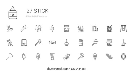stick icons set. Collection of stick with popsicle, lollipop, escalator, drum, sticks, caramelized apple, magic trick, magic wand, swing, marshmallow. Editable and scalable stick icons.