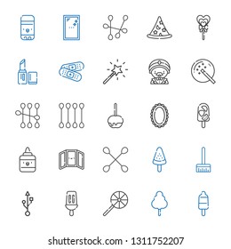 stick icons set. Collection of stick with popsicle, cotton candy, lollipop, usb, broom, cotton swab, mirror, glue, caramelized apple, magic wand. Editable and scalable stick icons.