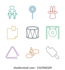 Stick Icons. Trendy 9 Stick Icons. Contain Icons Such As Ice Cream, Escalator Up, Triangle Musical Instrument, Gong, Drum, Glued Note, Magic Hat. Stick Icon For Web And Mobile.