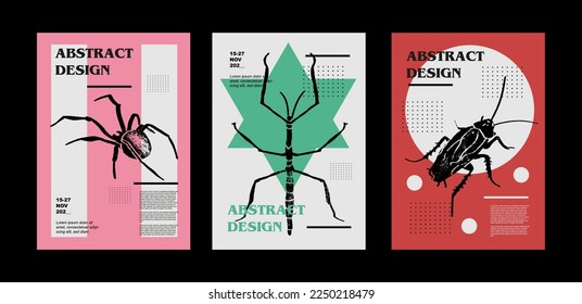 Zeckeninsekt, Kakerlaken, Schabe, Spinne. Satz von Vektorplakaten mit Insekten. Gravieren von Illustrationen und Typografie. Hintergrundbilder für Cover, Banner