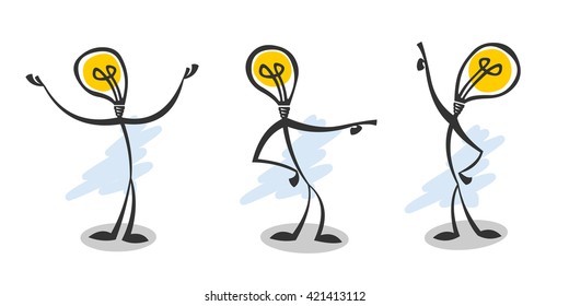 Stick lamp guy. Light idea and symbol in one figure. Three different poses, some emotion.