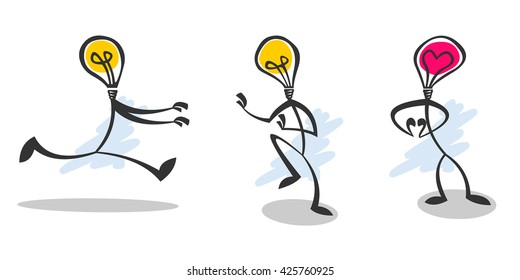 Stick lamp guy.  Light idea and symbol in one figure. Three different poses, some emotion, green and yellow colors.