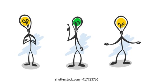 Stick lamp guy. Three different poses, some emotion, green and yellow colors. Light idea and symbol in one figure.