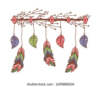 palo con diseño de hojas y plumas, decoración bohémica rústica vintage de estilo boho adorno de arte de moda y tema dibujado Ilustración vectorial