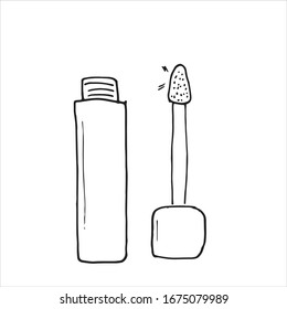 Stick for lipstick with brush for lips isolated on white background. Simple hand drawn illustrations in cartoon doodle style. Element for decorating package, wrapping paper, element for cosmetics