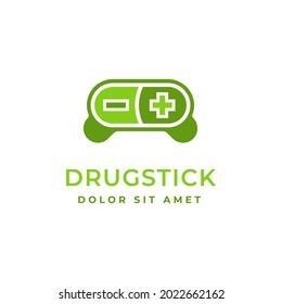 Stick logo concept in pill shape isolated on white background. Creative pill logo for games. Eps 10.