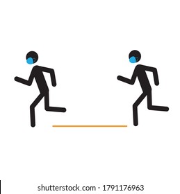 Stick a man in an antiviral medical mask does sports. Keep a social distance during outdoor and indoor sports. Be safe. Banner.