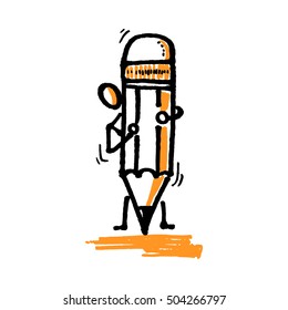 Stick man with big pencil. Hand drawn vector illustration isolated on white.