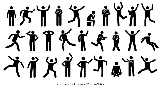 Stick man body. Black pictogram silhouettes of people in various relaxed and dynamic postures. Vector human movement and gestures isolated set. Illustration of silhouette body pictogram