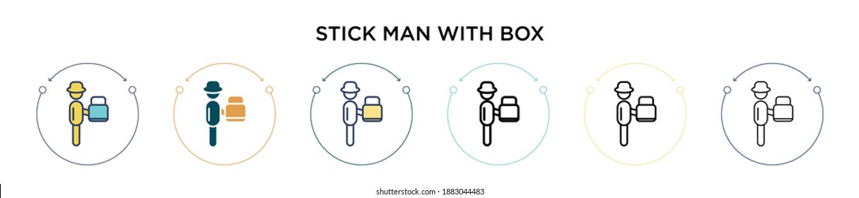 Stick man with box icon in filled, thin line, outline and stroke style. Vector illustration of two colored and black stick man with box vector icons designs can be used for mobile, ui, web