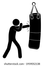 stick man, boxer beats big punching sand bag for sports training. Training in boxing gym. Black and white vector