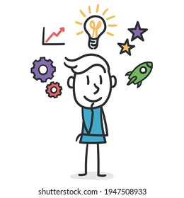 Stick man brainstorming. Inspirational and creative man concept