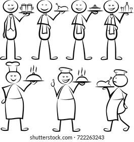 stick man chef and waiter - vector set of cartoon illustration