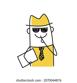 Hombre de palos. Información segura, un hombre secreto con sombrero y gafas. Estilo Doodle. Ilustración vectorial.