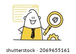 Stick man developer with a magnifier finding and fixing bug. Doodle style. Vector illustration.