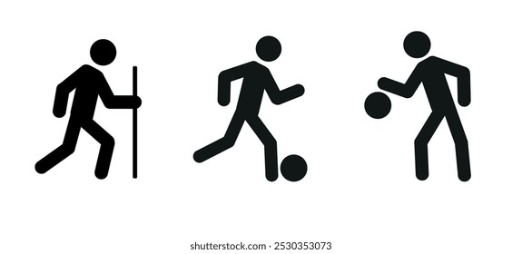  stick man in different poses with a ball, with a pole, flat vector illustration