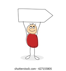 Stick man drawing holding arrow sign above his round body and string arms with a smile on his face. Empty sign with copyspace