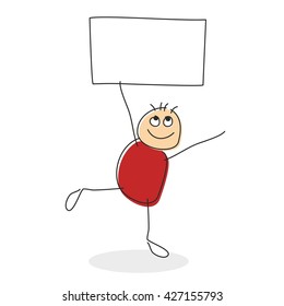 Stick man drawing with round red body standing on one leg while holding square in his string arms with empty sign with copy space