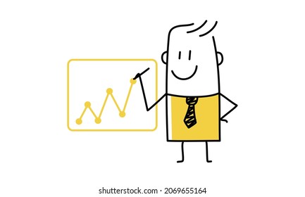 Stick man draws a graph of financial growth. Profit concept, growing business graph. Doodle style. Vector illustration.