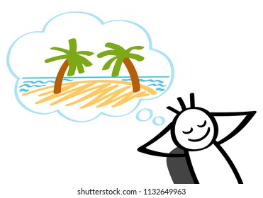 Stick man dreaming of tropical island, vacation, leaning back in office chair, smiling. Isolated on white background