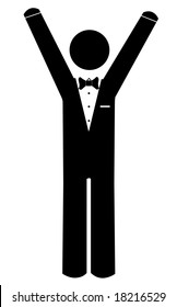 Stick Man Dressed In Tuxedo With His Arms Up Celebrating