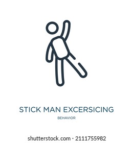 un hombre de stick excertiendo un icono de línea delgada. actividad, iconos lineales de vacaciones del concepto de comportamiento signo de contorno aislado. Elemento de símbolo de ilustración vectorial para diseño web y aplicaciones.
