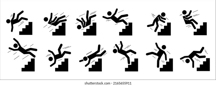 Stick Man Fall Down. Black Silhouette Pictograms Of People Falling From Staircase And Ladder, Exhausted And Tired Persons. Vector Set. Accident On Wet Floor, Person Tripping On Stairs